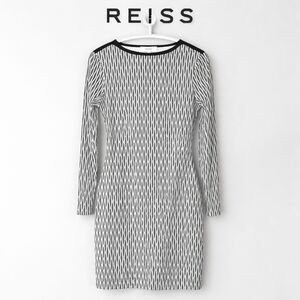 Reiss Black White Geometric Dress Size 6 Textured Long Sleeve Sheath‎
